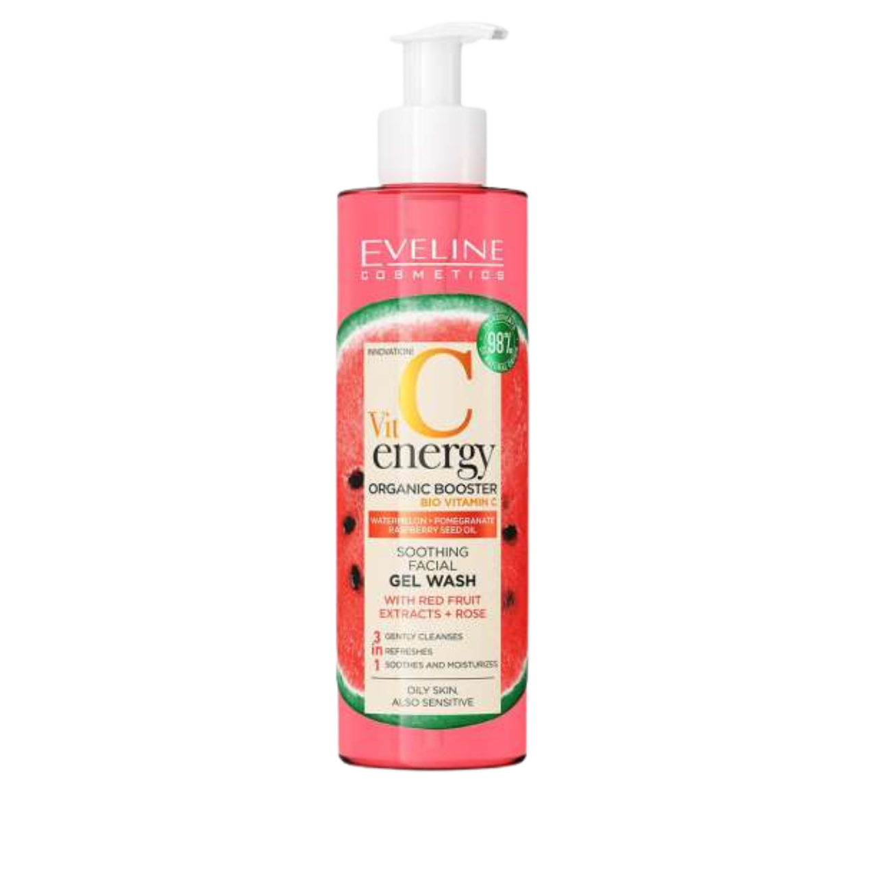 Eveline Cosmetics - Face Wash - Vit C Energy Organic Booster Soothing Face Wash Gel-Oil with Red Fruit Extracts & Rose 200ml
